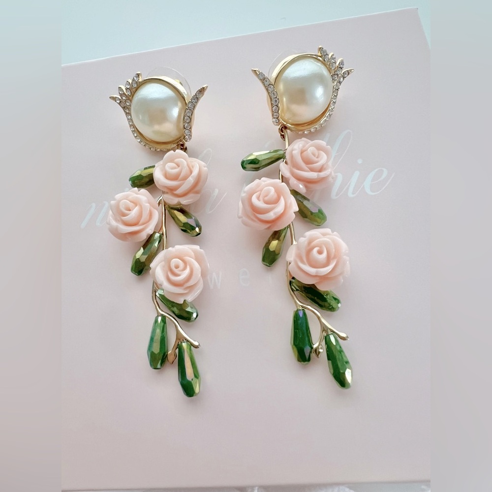 Nicola Bathie Embellished Pearly Pink Floral Drop Earrings - Picture 4 of 6